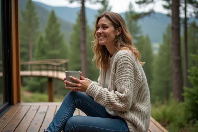 Femme souriante dans une maison arbre en forêt