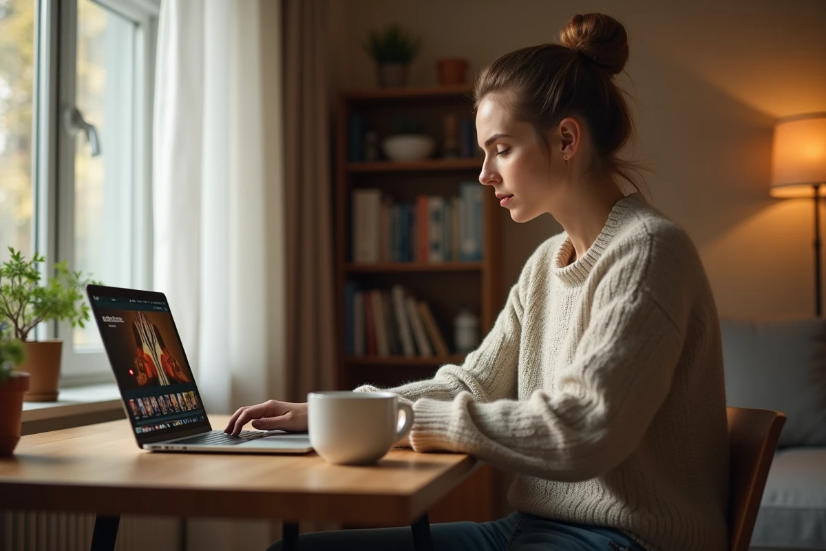 Femme consultant une plateforme de streaming sur son ordinateur portable dans un appartement cosy, illustrant la recherche de nouvelles adresses comme Palixi et Papaflix en 2023