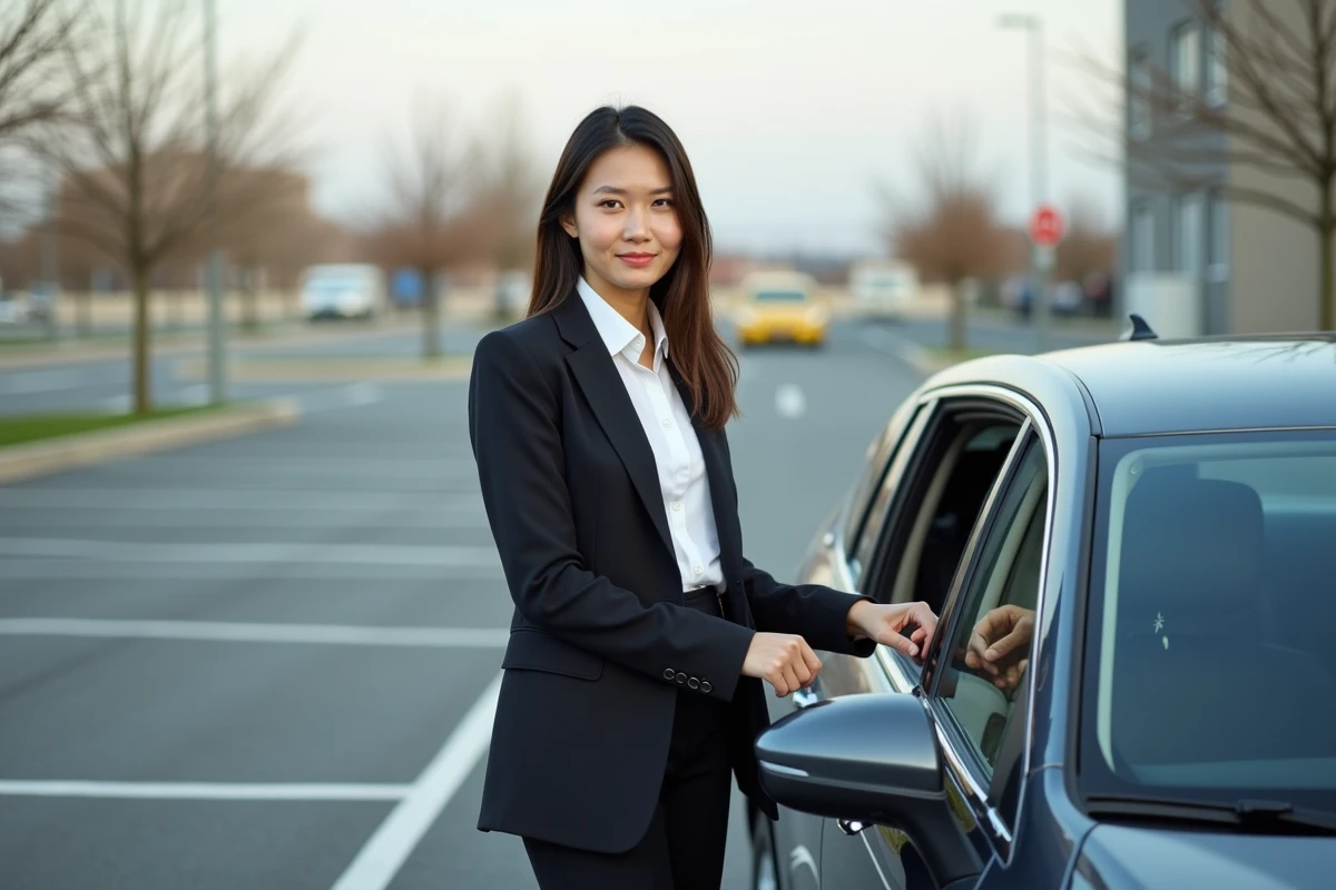 Jeune femme attachant un antivol sur sa voiture