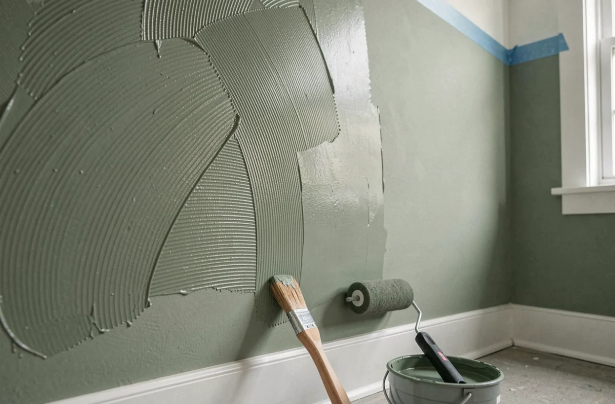 Gros plan sur un mur vert sauge montrant le contraste entre une trace de rouleau et une zone de peinture lissée et corrigée