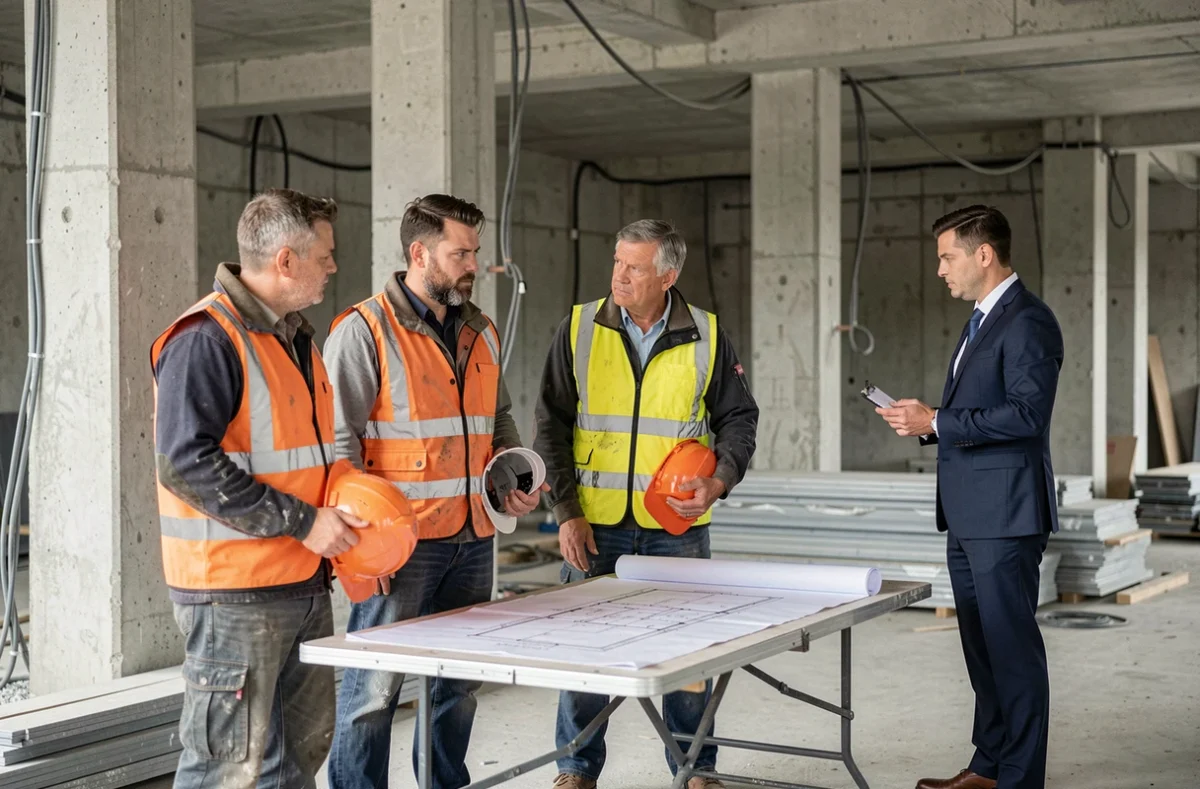 Groupe d'artisans du bâtiment autour d'un plan de chantier face à un consultant en accompagnement