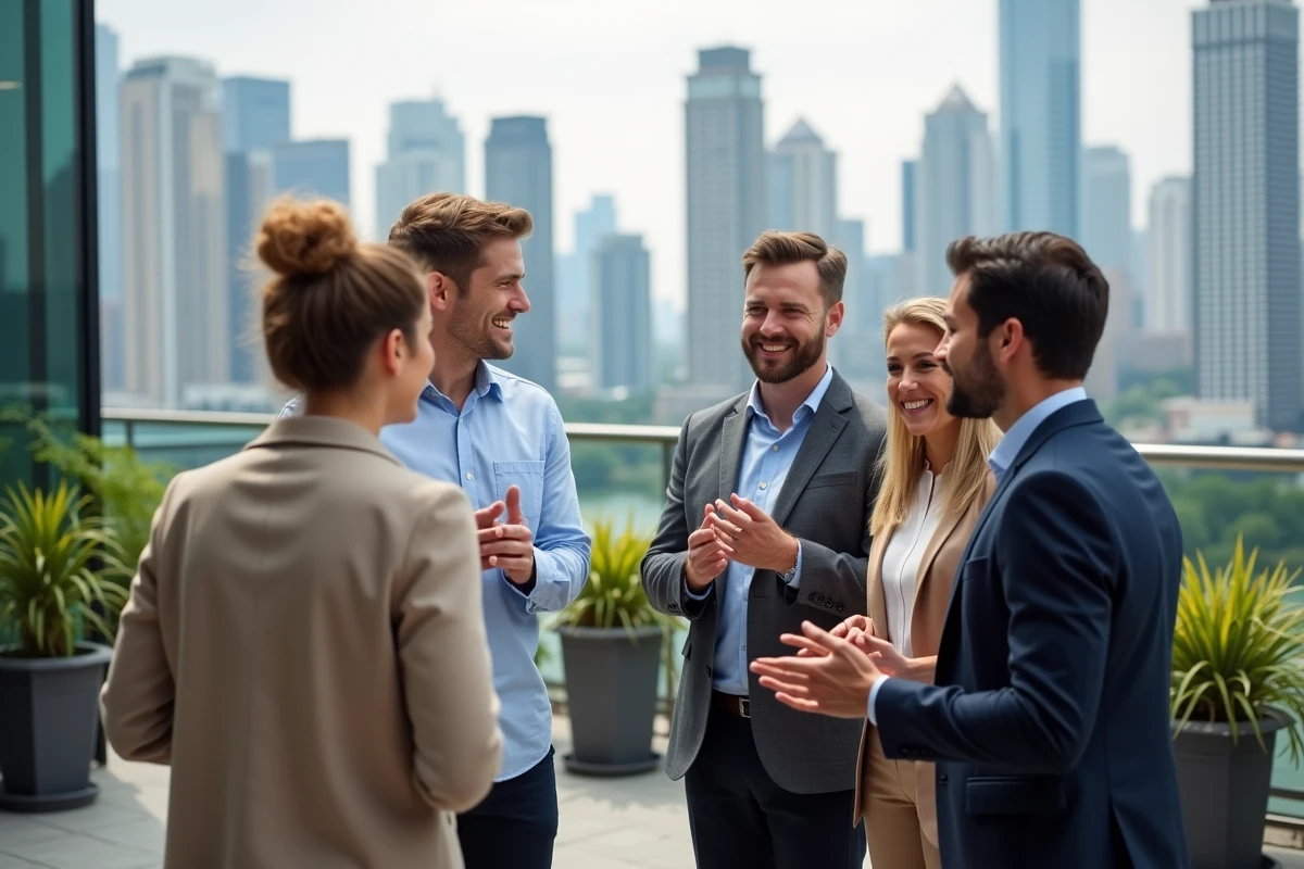 Groupe diversifié de professionnels sur une terrasse urbaine