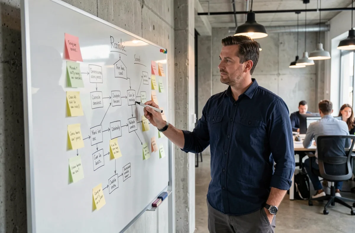 Homme pointant un diagramme d'architecture de site web sur un tableau blanc dans un bureau moderne