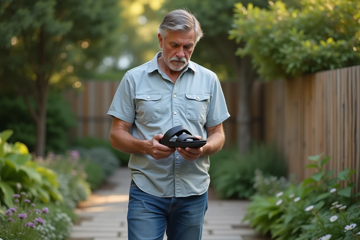 Homme regardant des sandales ergonomiques dans le jardin