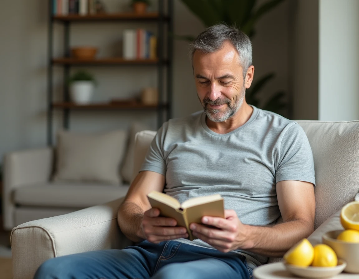 Homme consultant un guide de remèdes naturels au citron pour traiter un lipome chez lui