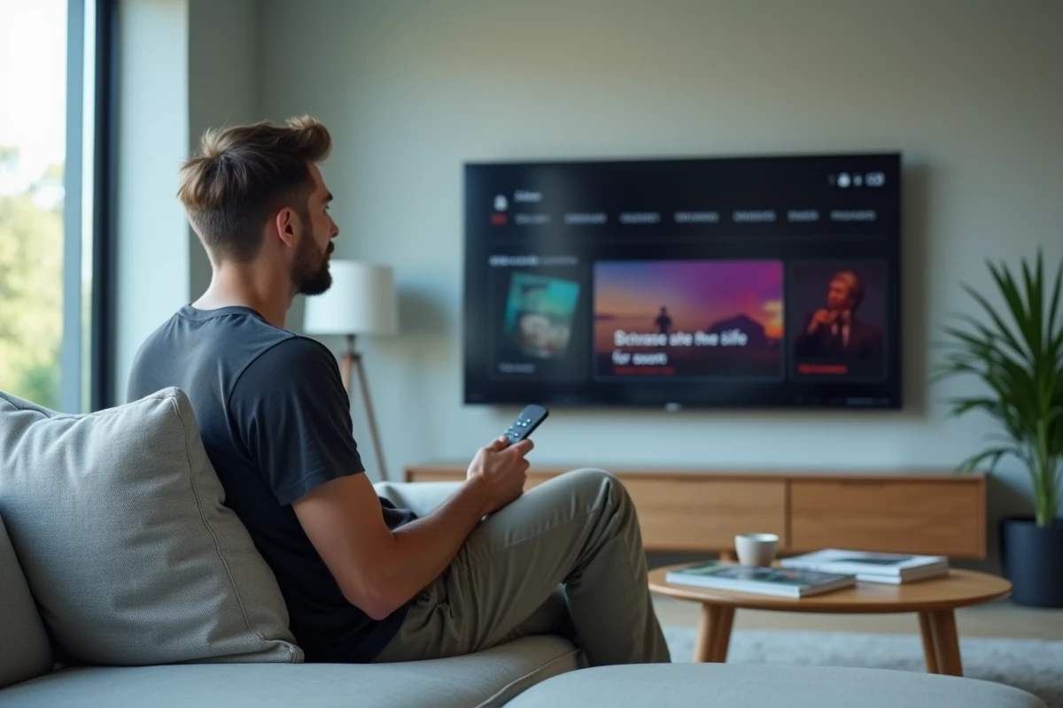 Homme regardant une interface de streaming sur un grand écran de télévision dans un salon moderne, évoquant la découverte de plateformes comme Palixi et Papaflix en 2023