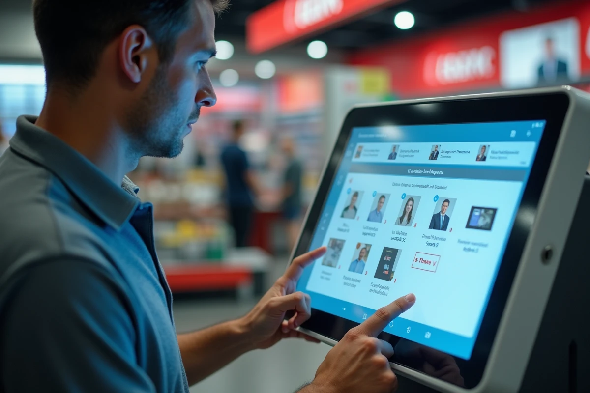 Hombre utilizando la interfaz táctil de una cabina de fotos Leclerc para seleccionar un formato y consultar el precio