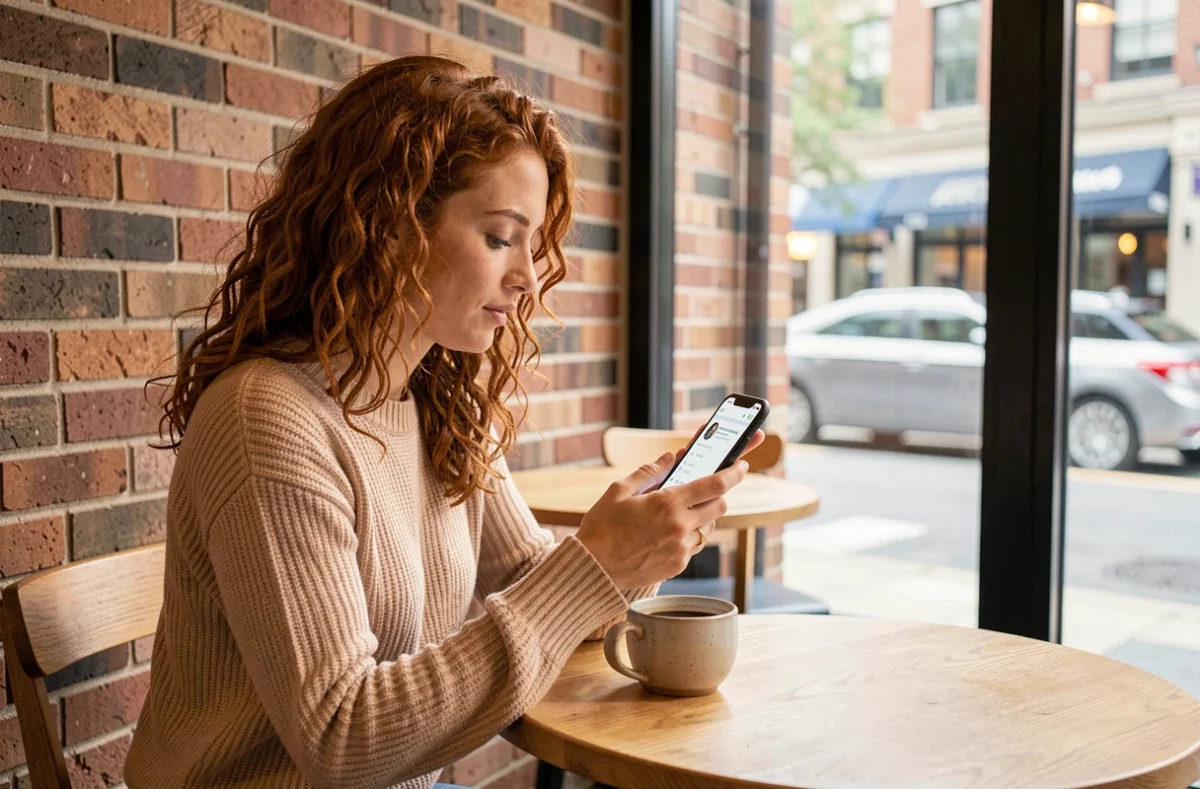 Jeune femme accédant à son espace personnel Arkevia depuis son smartphone dans un café