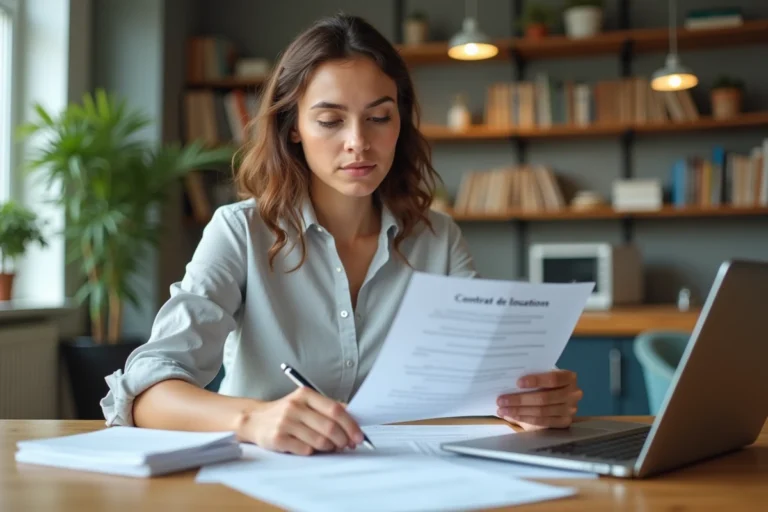 Jeune femme lisant un contrat de location dans une cuisine lumineuse