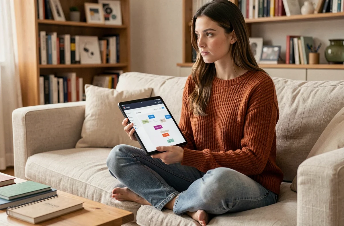 Jeune femme consultant un plan de site numérique sur une tablette dans un salon chaleureux