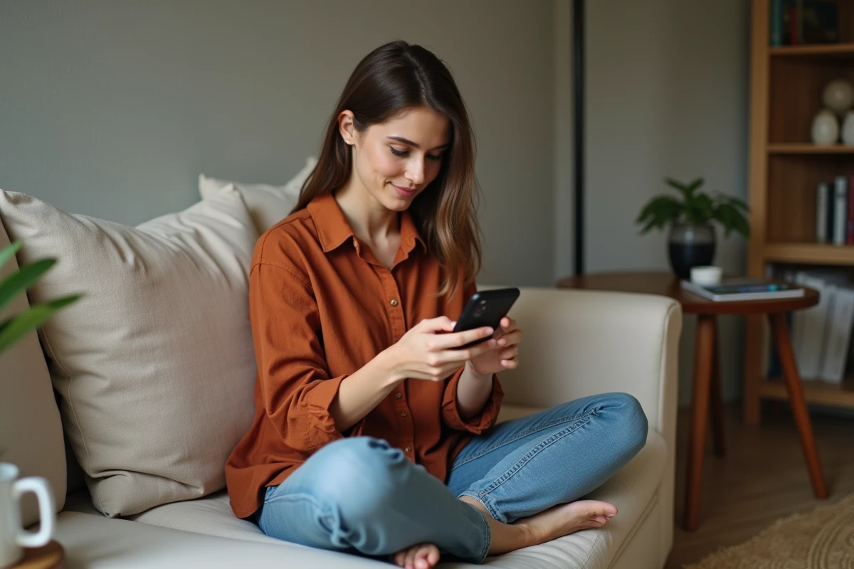 Jeune femme consultant un tutoriel sur son smartphone, assise confortablement dans un salon cosy aux tons chauds