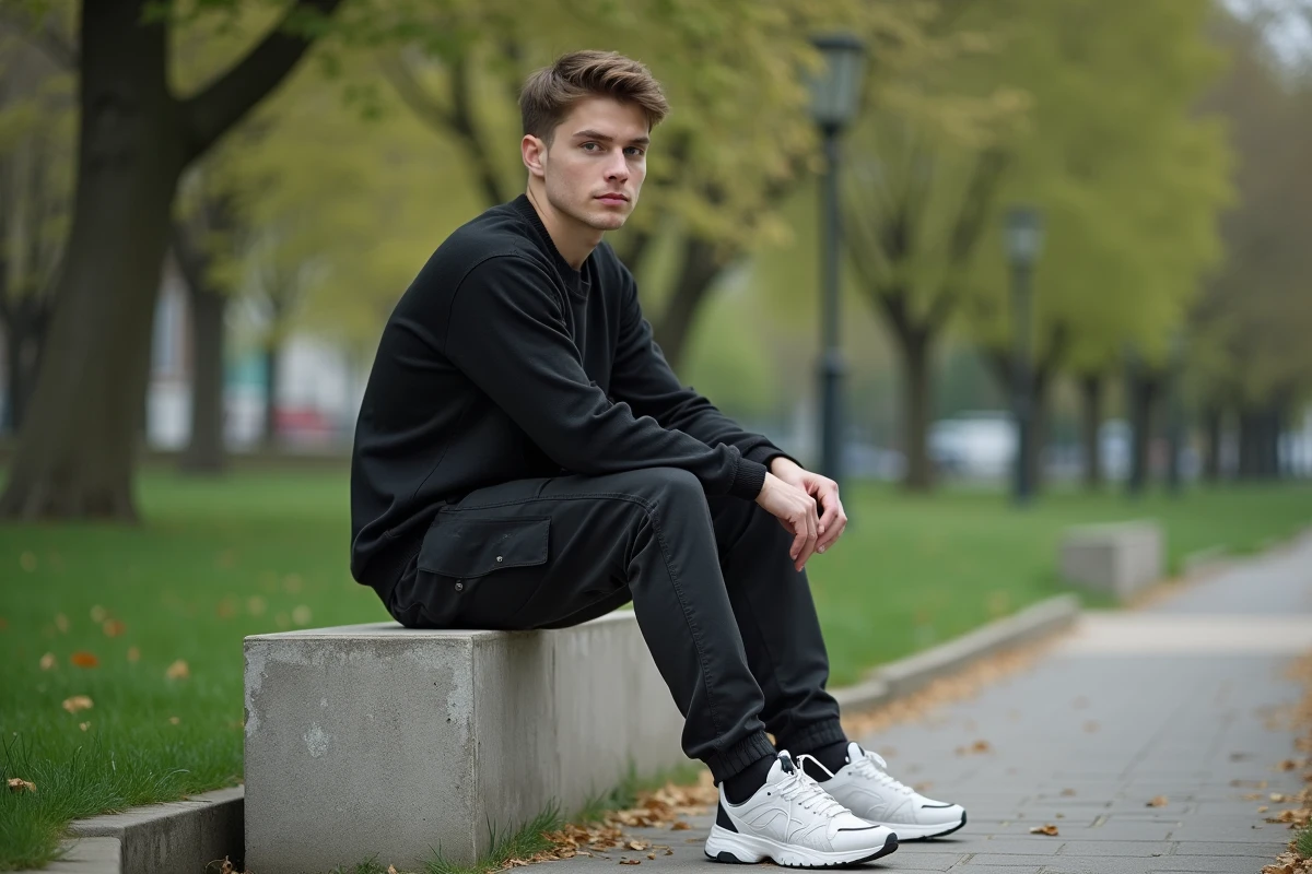 Jeune homme en vêtements minimalistes dans un parc urbain