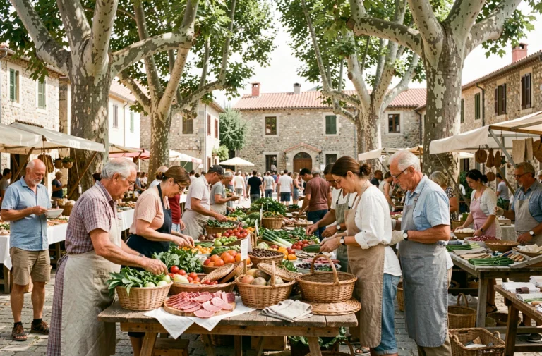 Marché local animé dans un village de la région de Casinca en Corse avec producteurs et artisans locaux