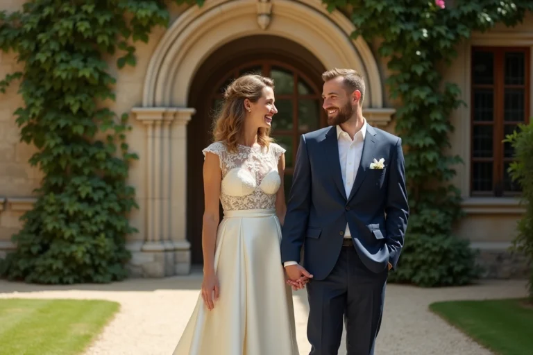 Couple de mariés devant un château français, robe de mariée en satin ivoire et costume bleu marine, atmosphère romantique et élégante
