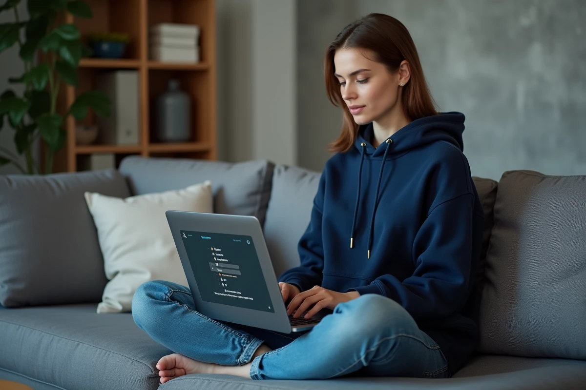 Femme mettant à jour la liste des serveurs eMule sur un ordinateur portable dans un salon moderne