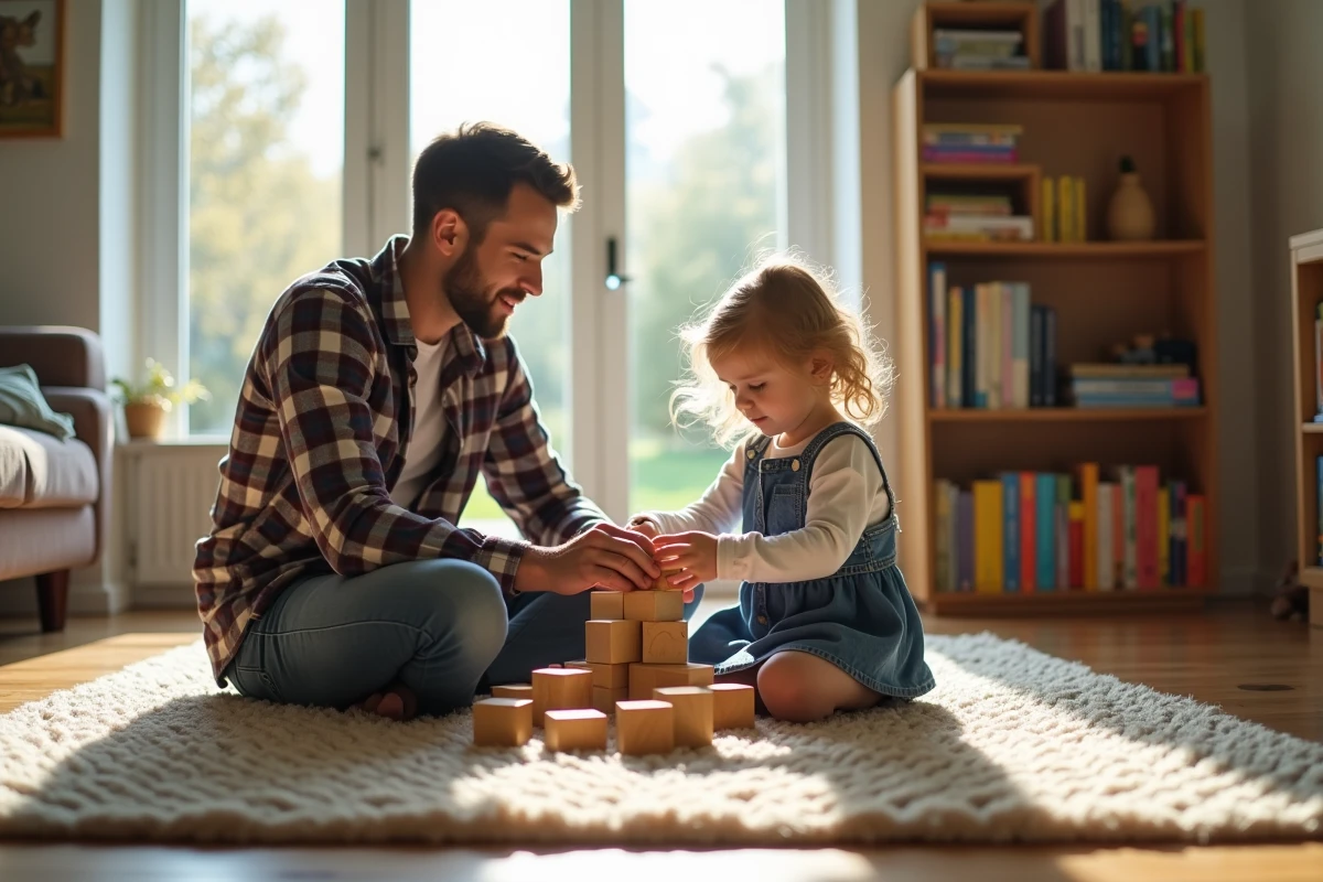Père et fille construisant une tour en bois dans le salon