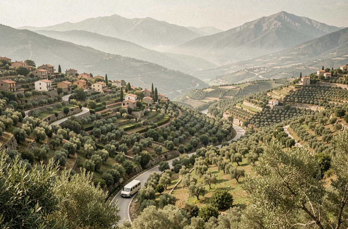 Vue panoramique des villages perchés et du paysage verdoyant de la région de Casinca en Corse