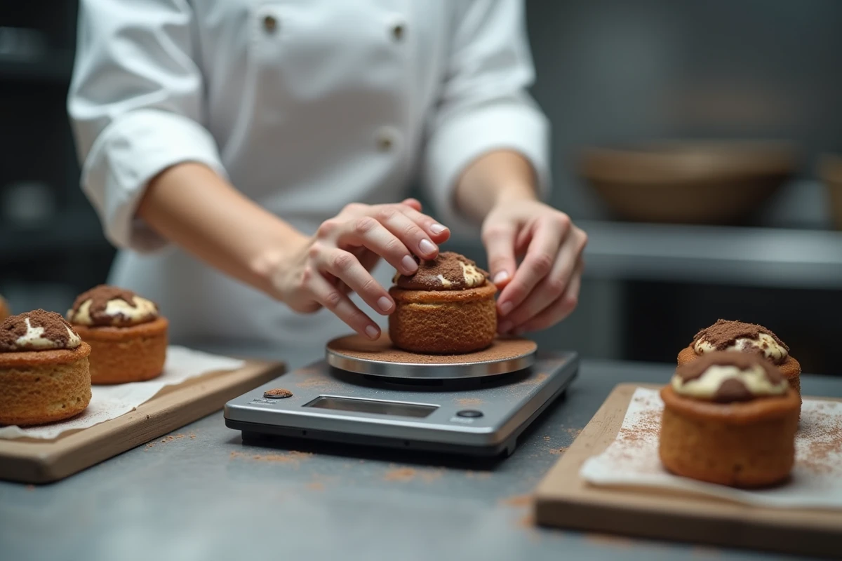 Pâtissière pesant une religieuse au chocolat sur une balance de cuisine professionnelle dans un laboratoire de boulangerie