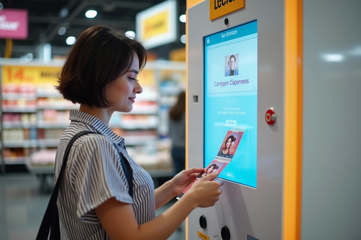 Mujer recuperando fotos de identidad impresas por una cabina de fotos Leclerc en la tienda