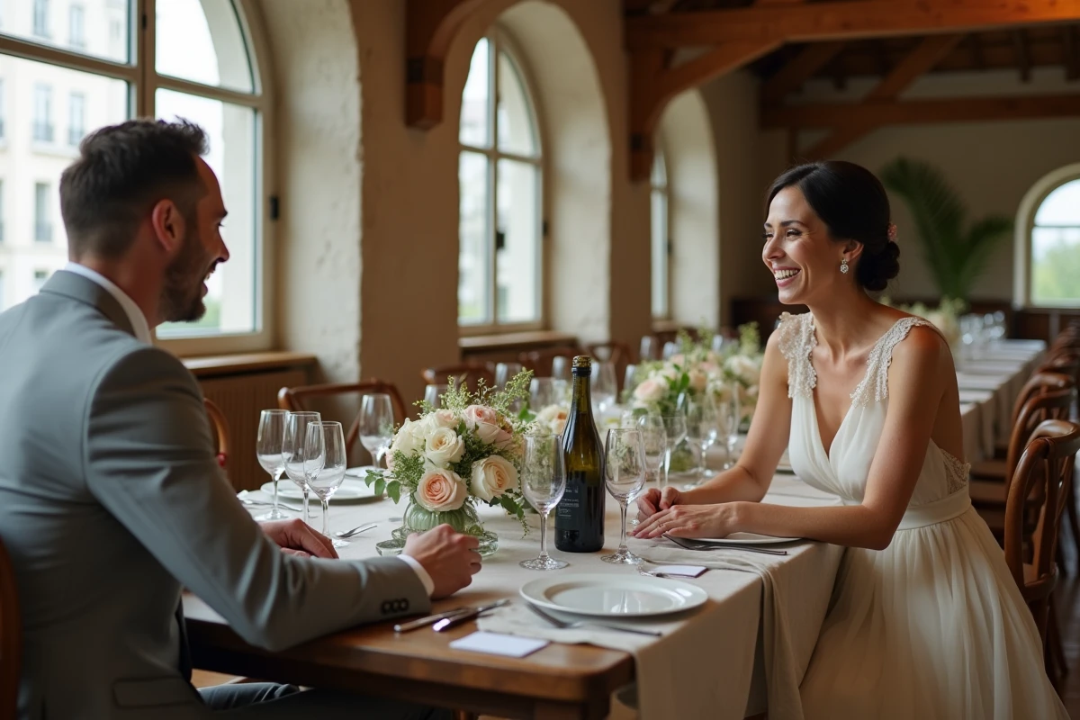 Futurs mariés attablés dans un salon parisien élégant, ambiance intime et complice lors des préparatifs de mariage