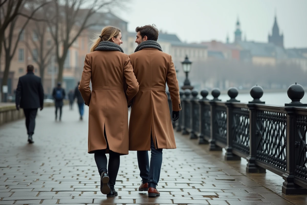 Couple se promenant le long de la rivière à Paris