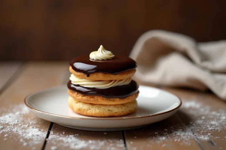 Religieuse au chocolat posée sur une assiette blanche dans une boulangerie artisanale, montrant son glaçage fondant et sa crème au beurre