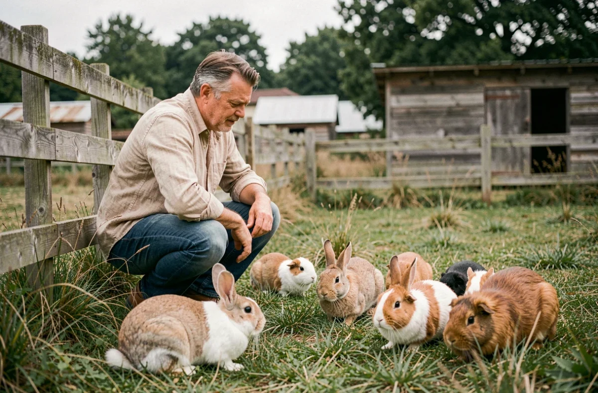Homme observant des lapins et cochons d'Inde dans un sanctuaire animalier en plein air