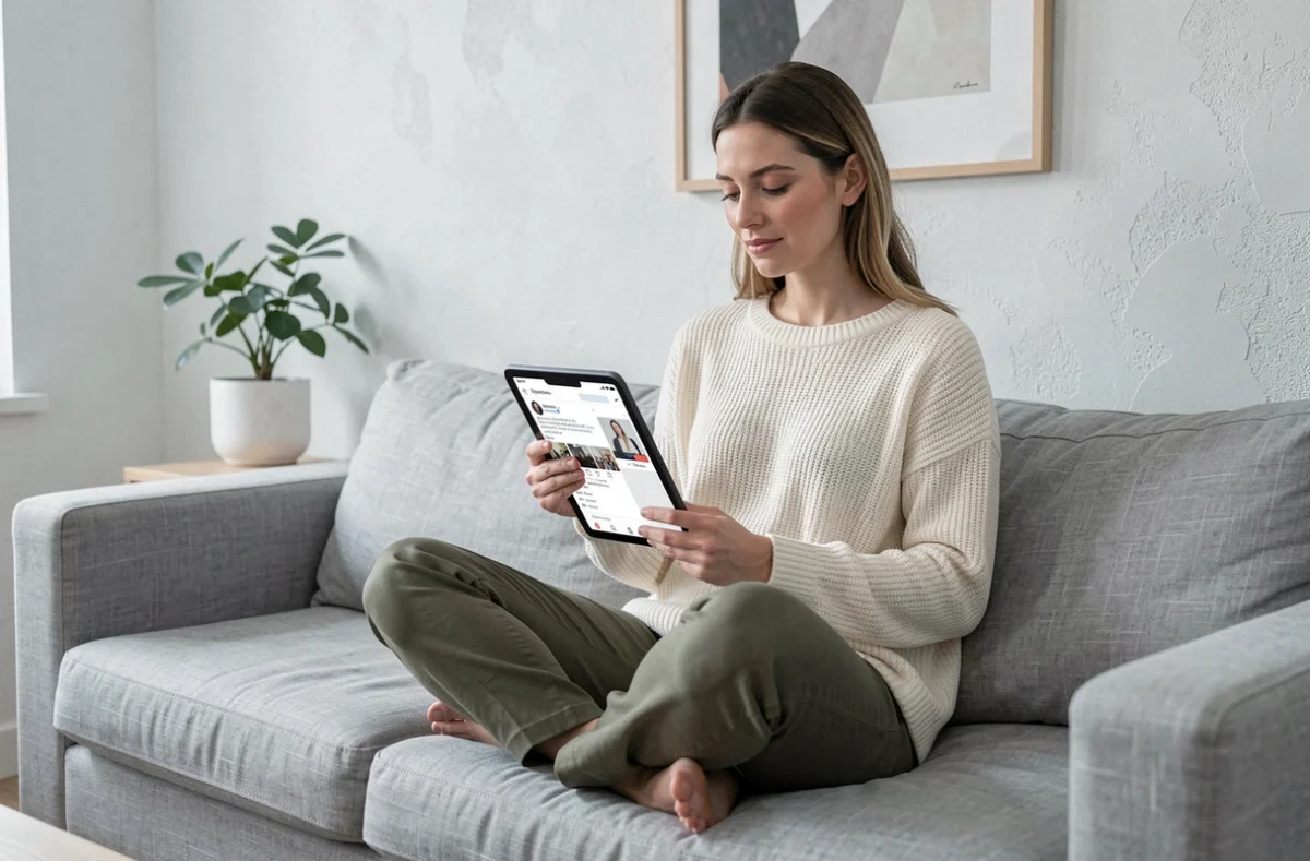Femme naviguant anonymement sur StoriesIG via une tablette dans un salon minimaliste scandinave