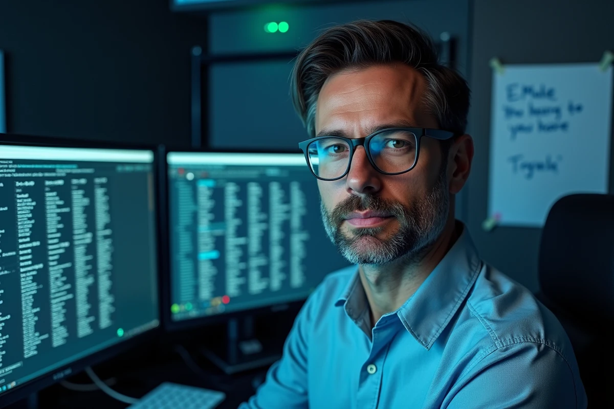 Technicien configurant et vérifiant les serveurs eMule dans une salle technique avec plusieurs écrans