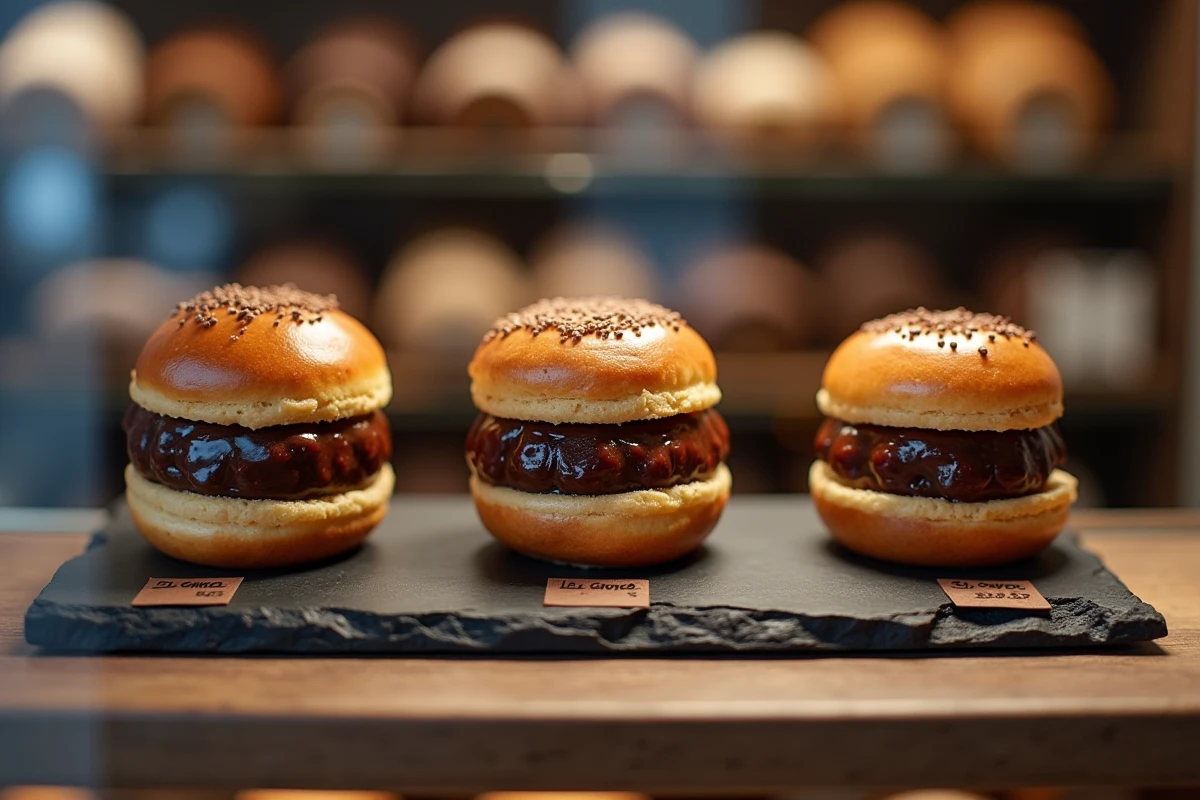 Trois religieuses au chocolat de tailles différentes exposées sur une ardoise dans une vitrine de pâtisserie française