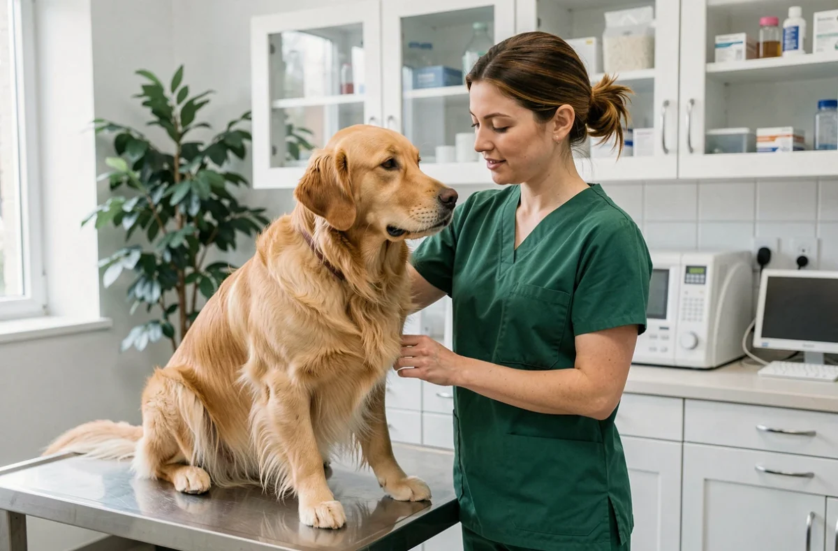Vétérinaire examinant un golden retriever dans une clinique vétérinaire moderne