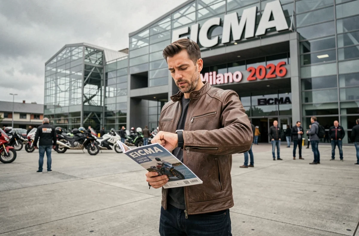 Visiteur tenant un guide du salon moto EICMA Milan 2026 devant l'entrée du pavillon d'exposition