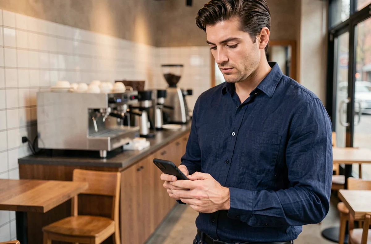 Homme consultant des stories Instagram de manière anonyme sur son smartphone dans un café moderne