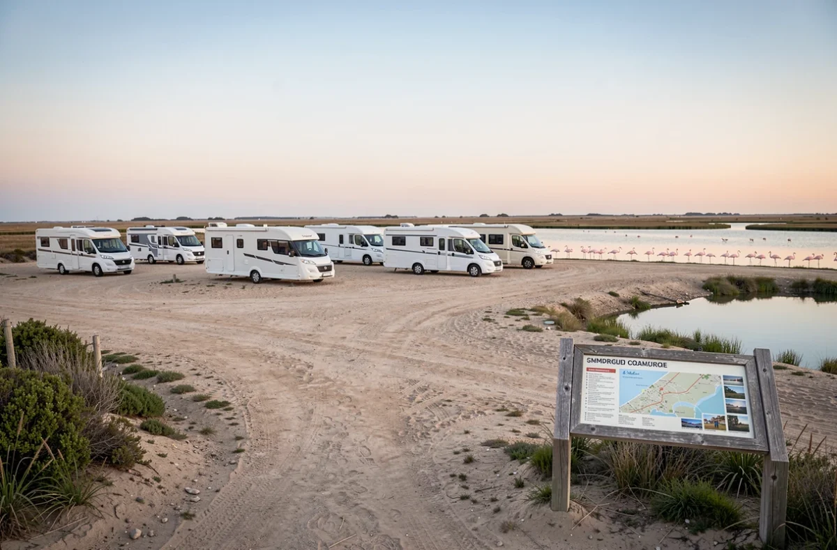 Vue d'ensemble de l'aire de camping-car en Camargue au crépuscule avec flamants roses en arrière-plan